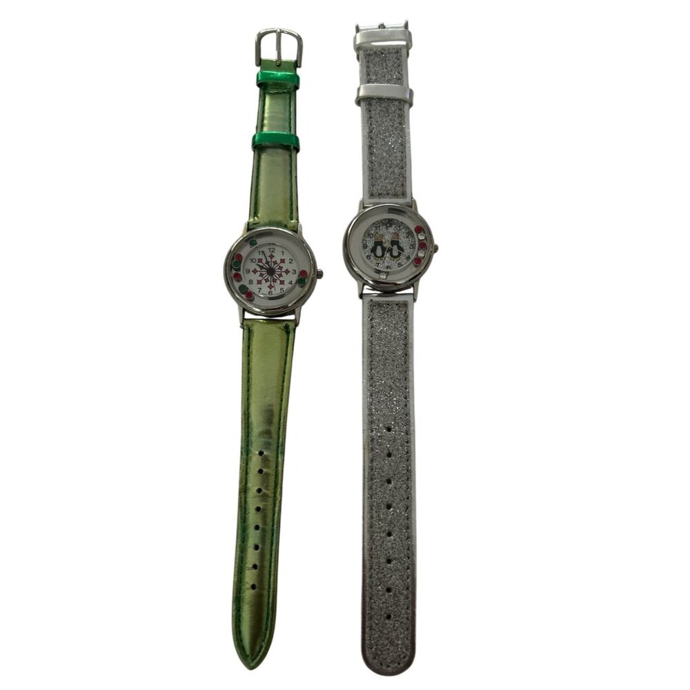 Set Of 2 Christmas Holiday Watches With Decorative Dials Stainless Steel Backs